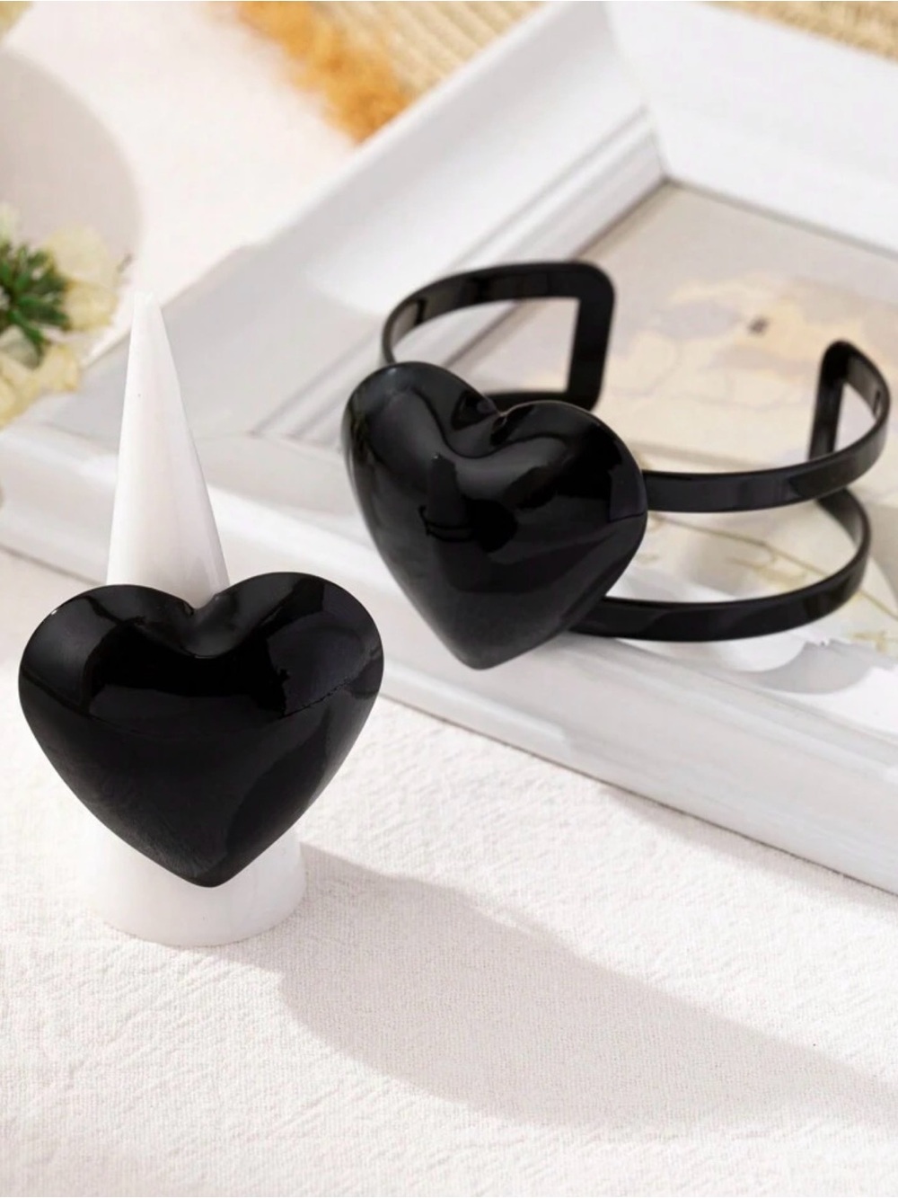 Heart Accent Black Bracelet and Ring Set - Women Accessories